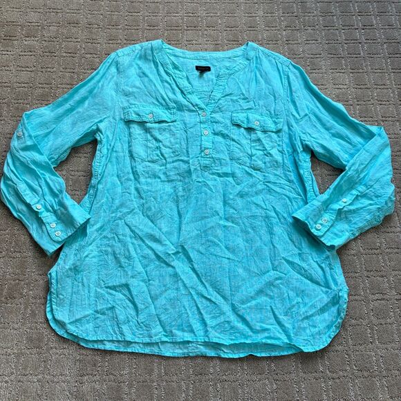 Talbots Tops - Talbots Linen Button Down Shirt Womens XL Aqua Blue Roll Tab Sleeve Casual Beach
